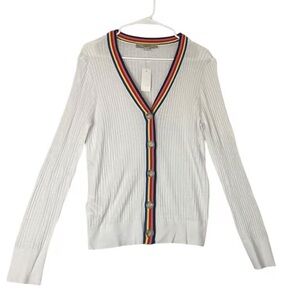 LOFT White Cardigan with Colorful Trim